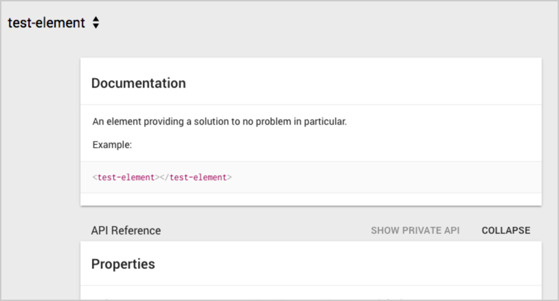 Preview of the component langing page, displaying the element title in the header with a demo link next to it. The rest of the page contains formatted summary and attribute/method/event information parsed from the documentation in your element