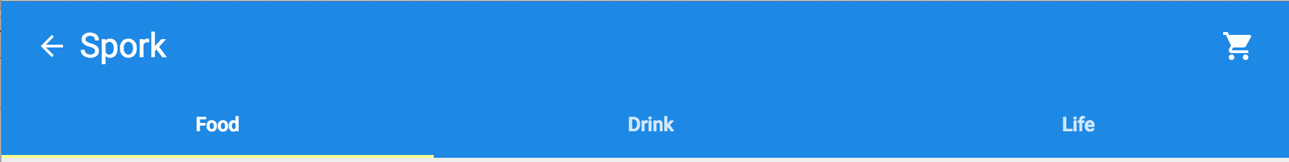 screenshot of an expanded, tall app-toolbar with a back and shop buttons, titled Spork. Below it are three tabs, labelled food, drink, life