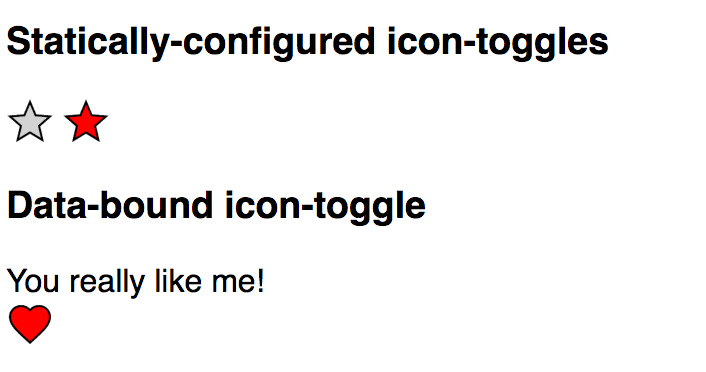 Demo showing
icon toggles with star and heart icons. Pressed icons are red.